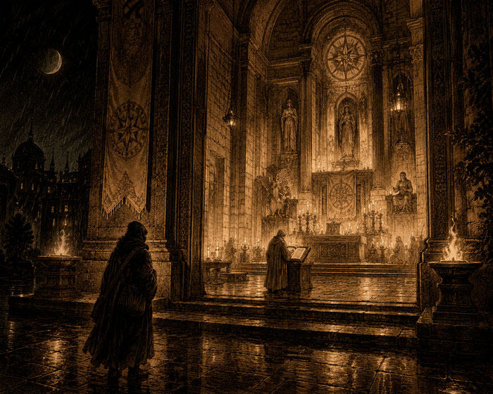 Un templo abierto por la noche.